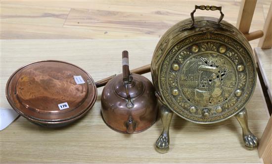 An embossed brass coal box, a Victorian copper kettle and a Victorian copper warming pan (3)